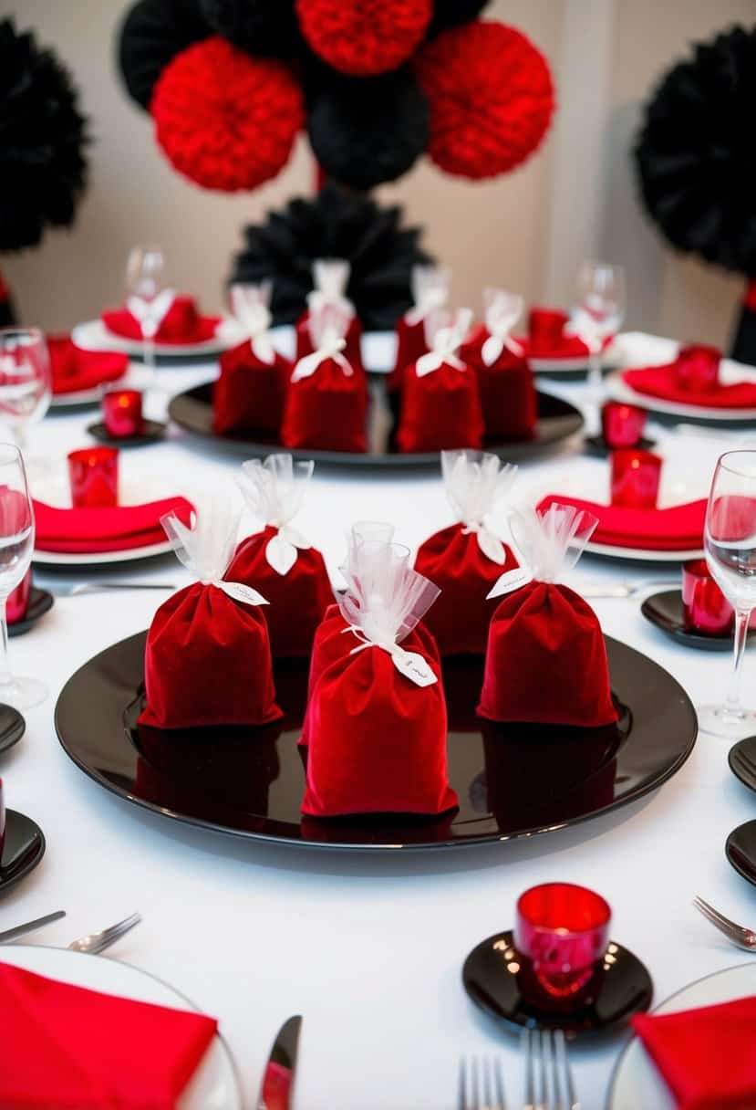 A table adorned with red velvet wedding favors, surrounded by black and red decorations