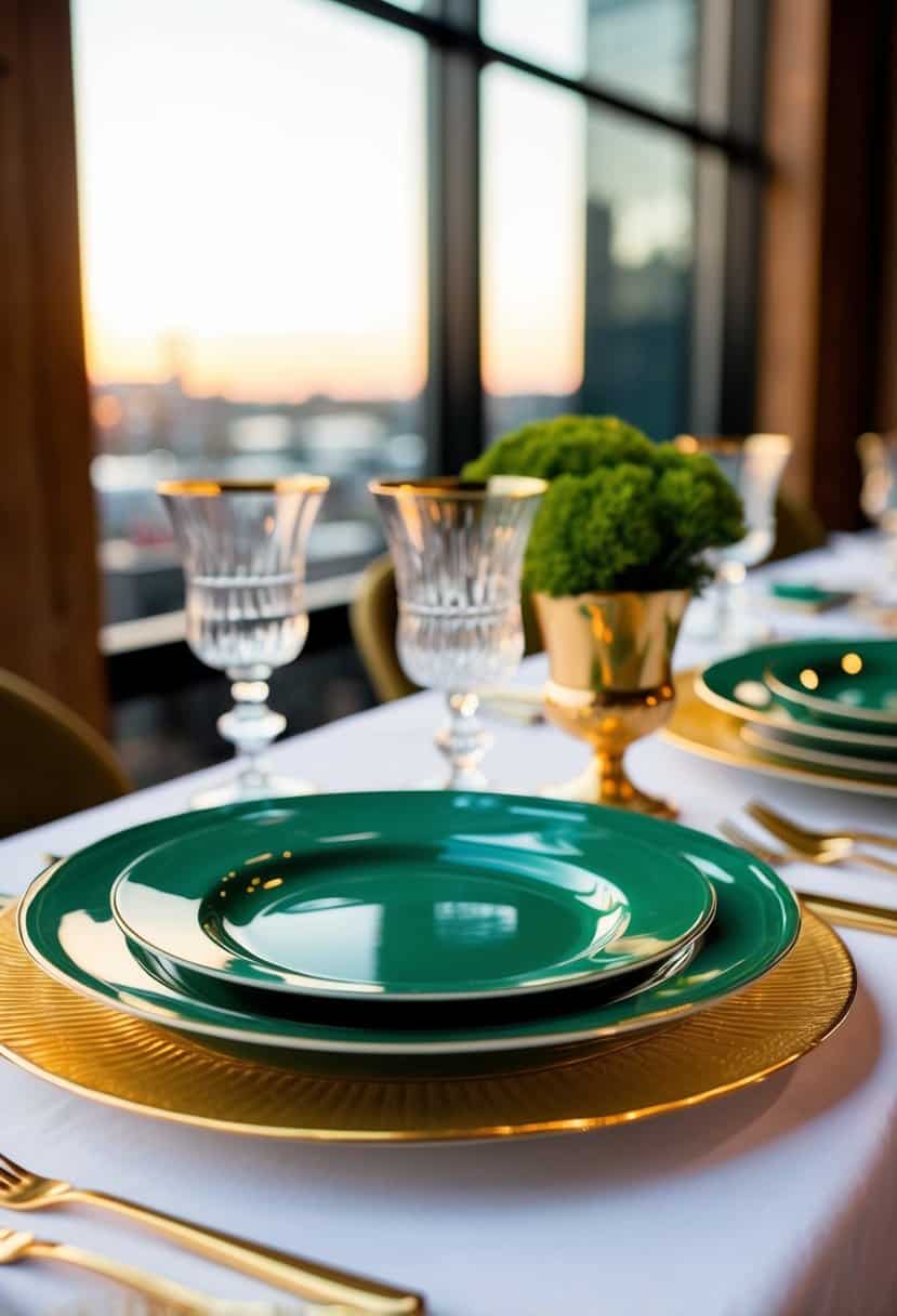 Emerald green and gold dinnerware set on a table with golden rim