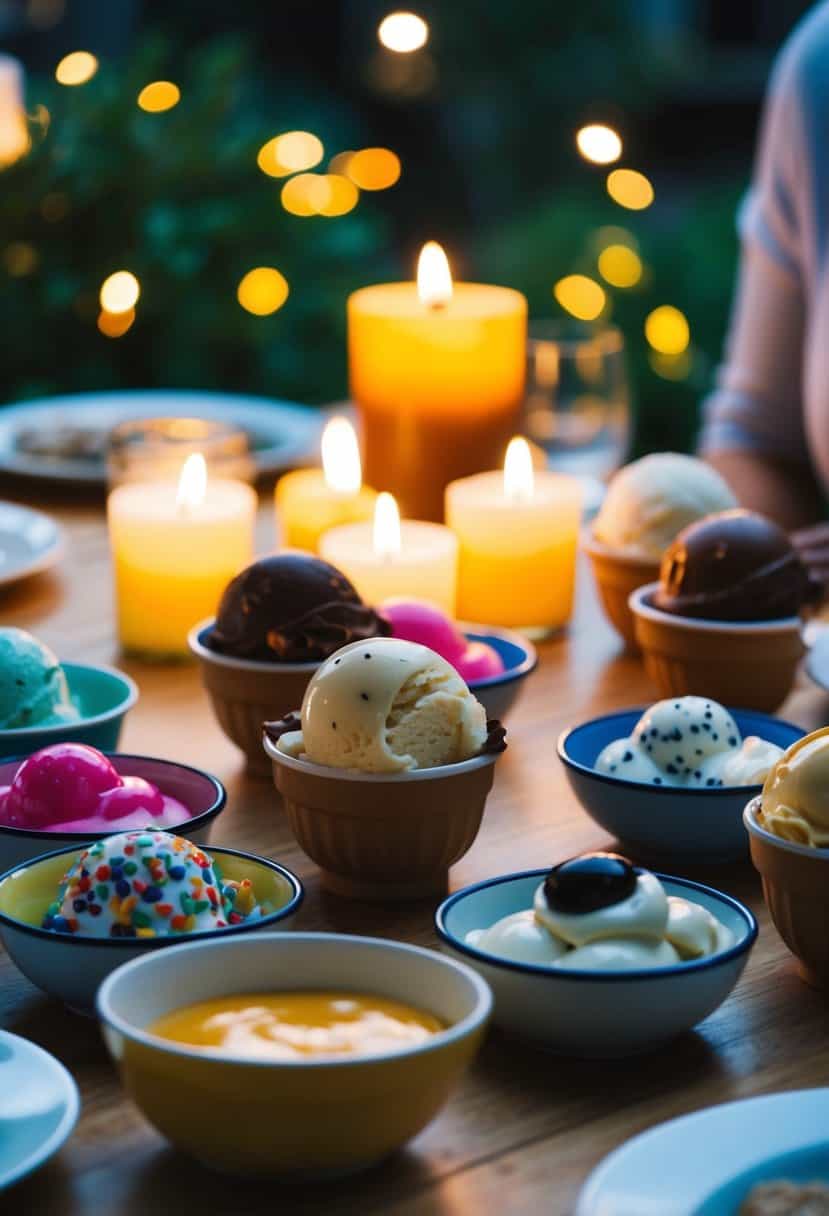 A cozy table set with an assortment of ice cream flavors, toppings, and sauces, surrounded by flickering candlelight and soft summer evening ambiance