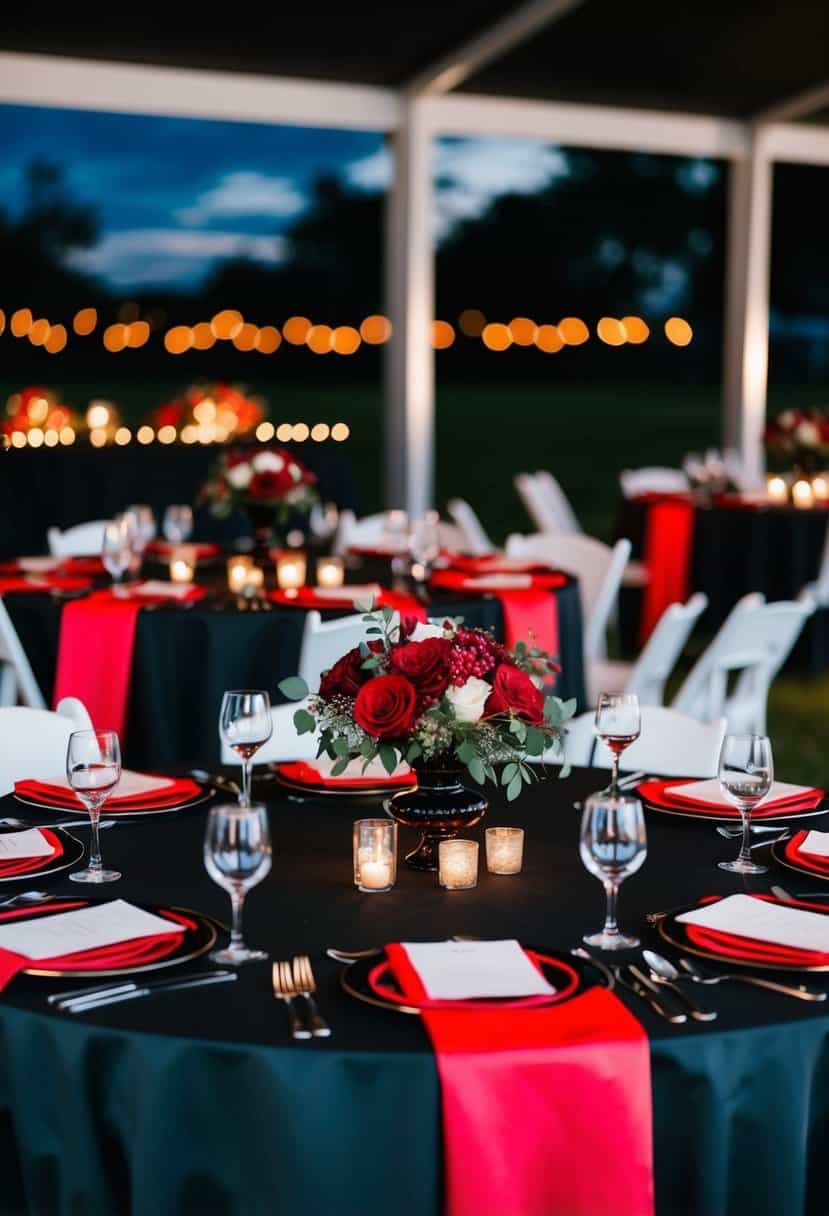 A sleek midnight black table set with red accents, creating a dramatic and elegant wedding color scheme