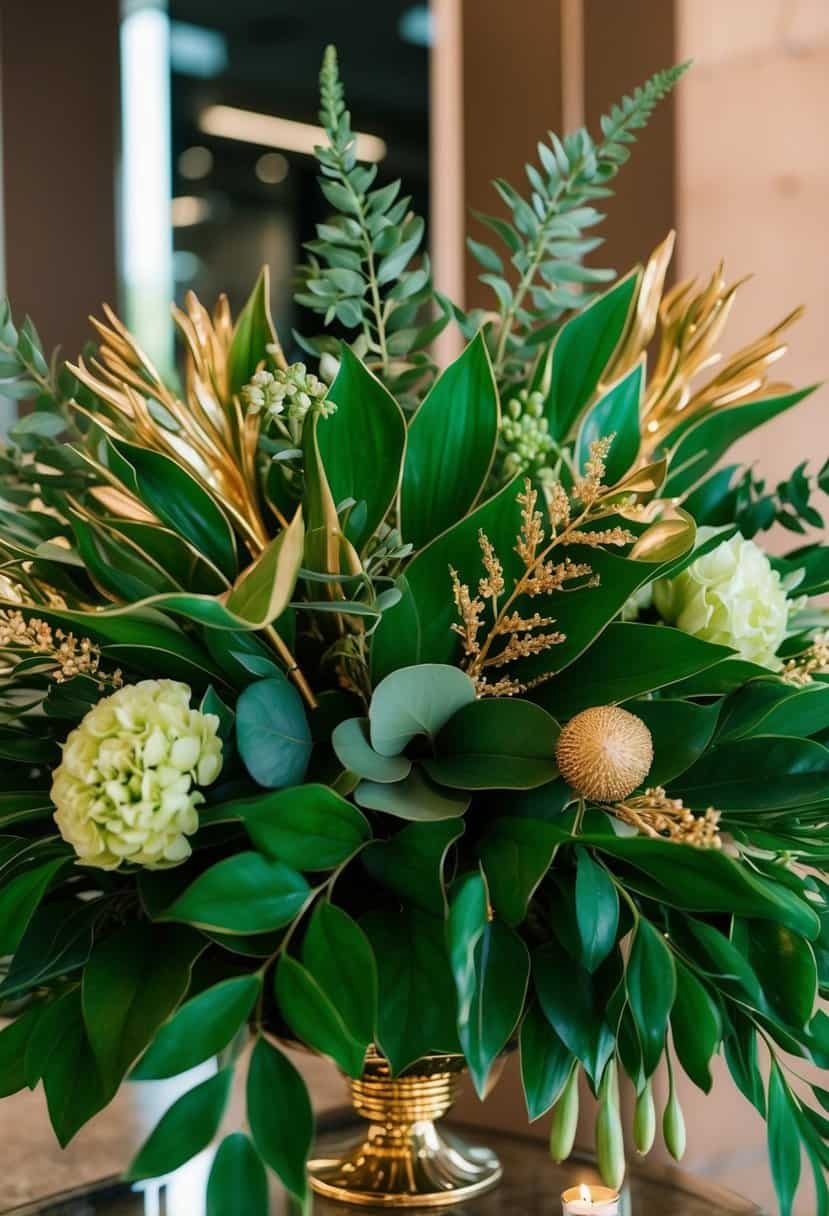 A lush floral arrangement with emerald green leaves and gold accents