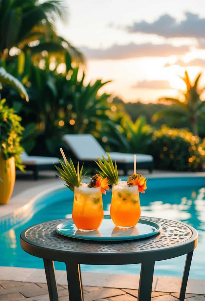 A cozy poolside setting with two tropical drinks on a table, surrounded by lush greenery and the warm glow of the setting sun