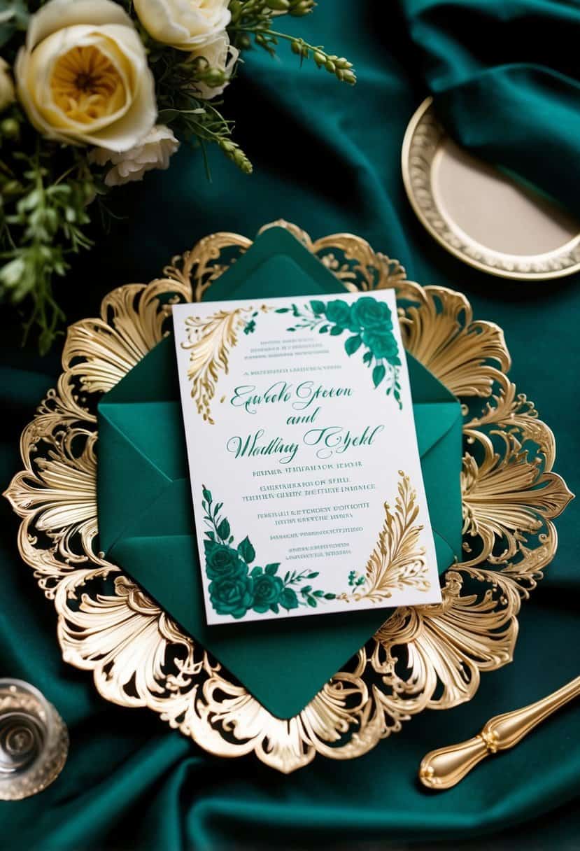 A luxurious emerald green and gold wedding invitation suite with intricate floral designs and elegant calligraphy
