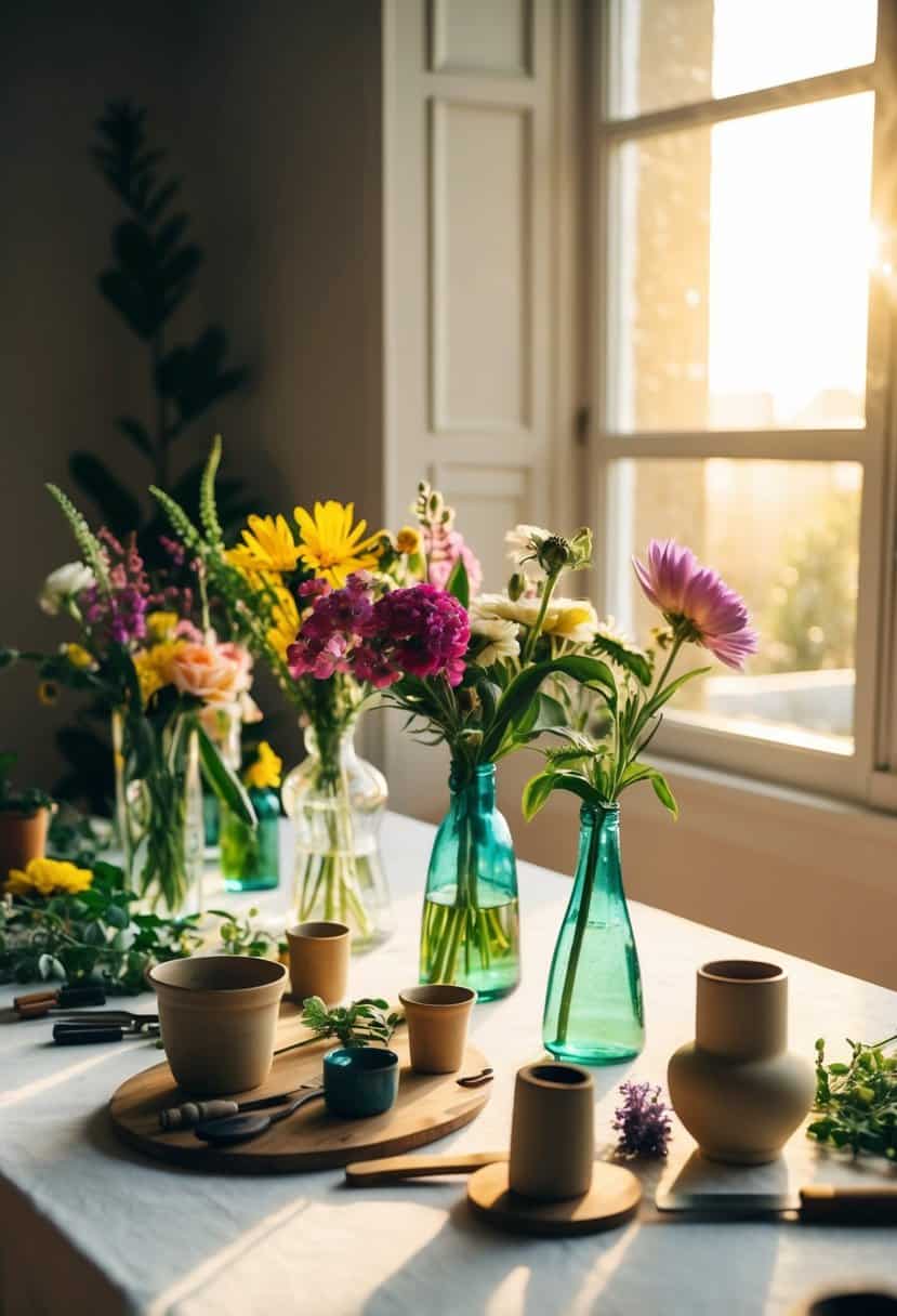 A table set with various flowers, vases, and tools for arranging. Sunlight streaming in through a window, casting a warm glow on the scene