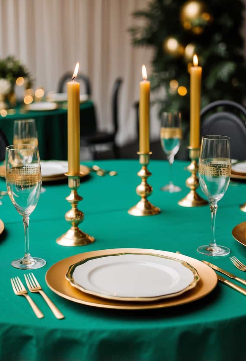 Emerald green tablecloth with gold candle holders and accents