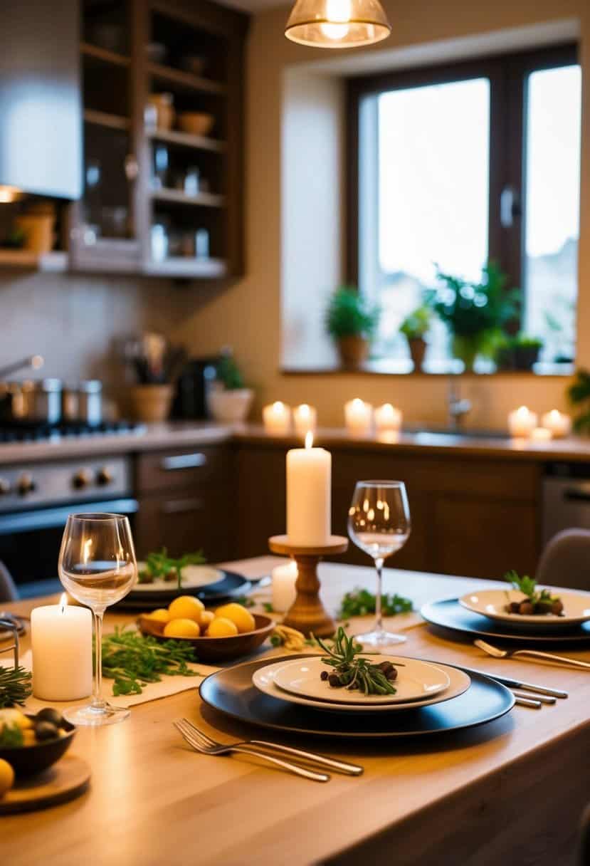 A cozy kitchen set for a romantic cooking class with two place settings, fresh ingredients, and soft candlelight