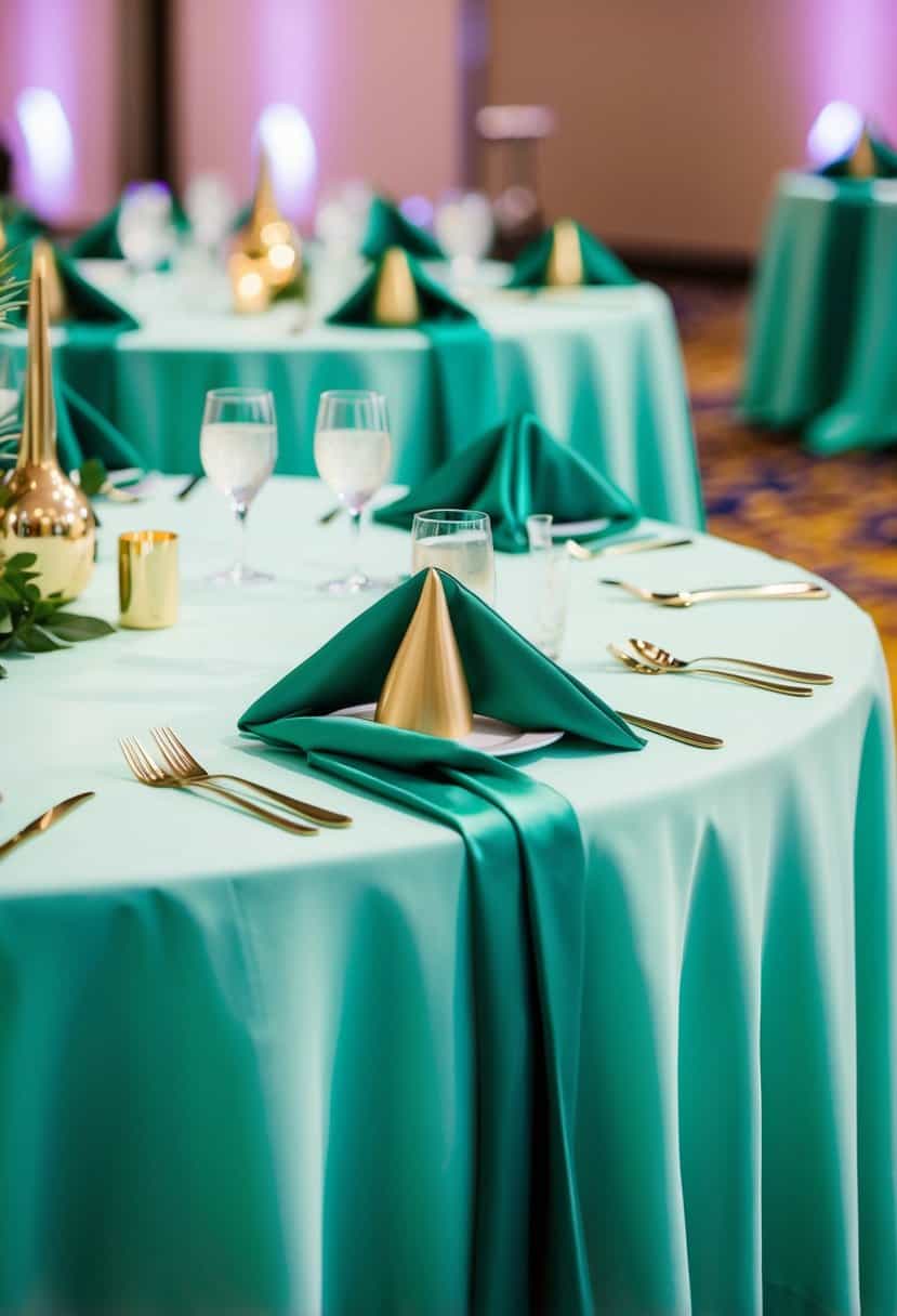 Light emerald table linens with gold accents draped over a banquet table