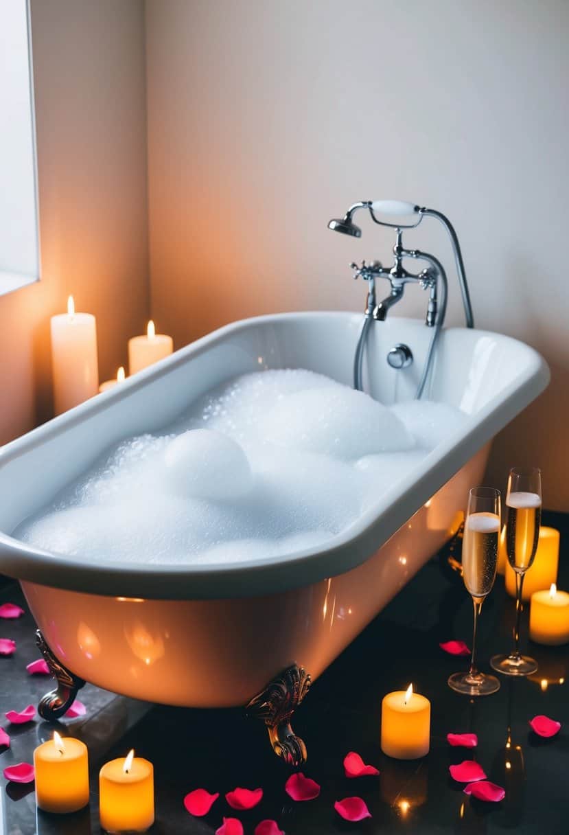 A bathtub filled with bubbles, surrounded by lit candles and rose petals, with two glasses of champagne on the side