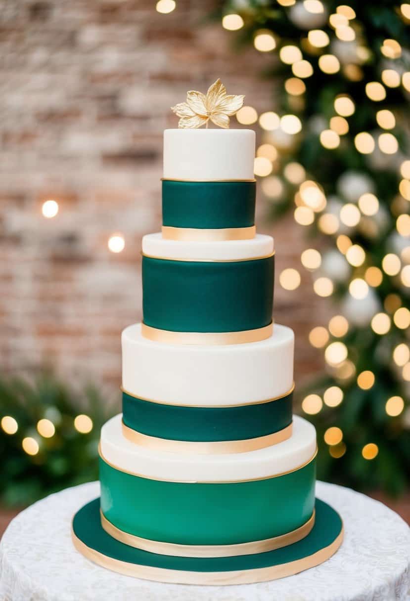 A three-tiered wedding cake with emerald green and gold accents
