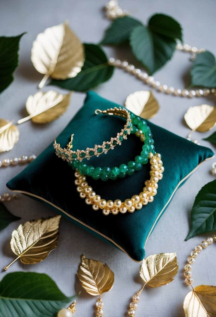 Emerald green and gold hair accessories arranged on a velvet cushion, surrounded by delicate gold leaves and shimmering beads