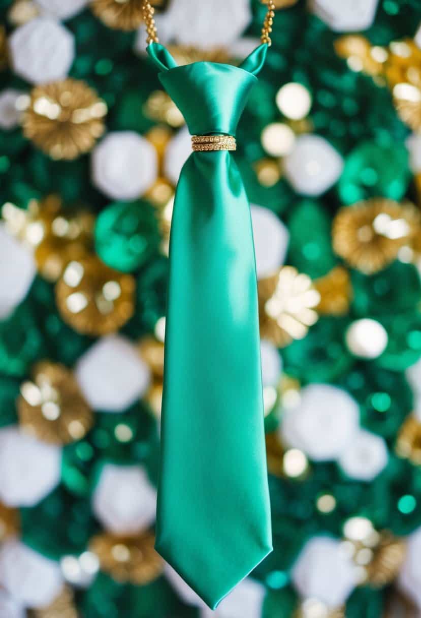 A light emerald green tie with gold accents hangs against a backdrop of emerald green and gold wedding decor