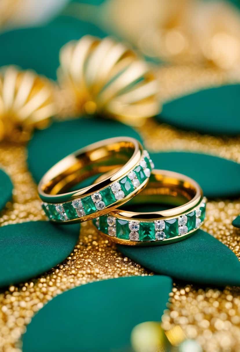 Two gold wedding rings surrounded by emerald green and gold decor