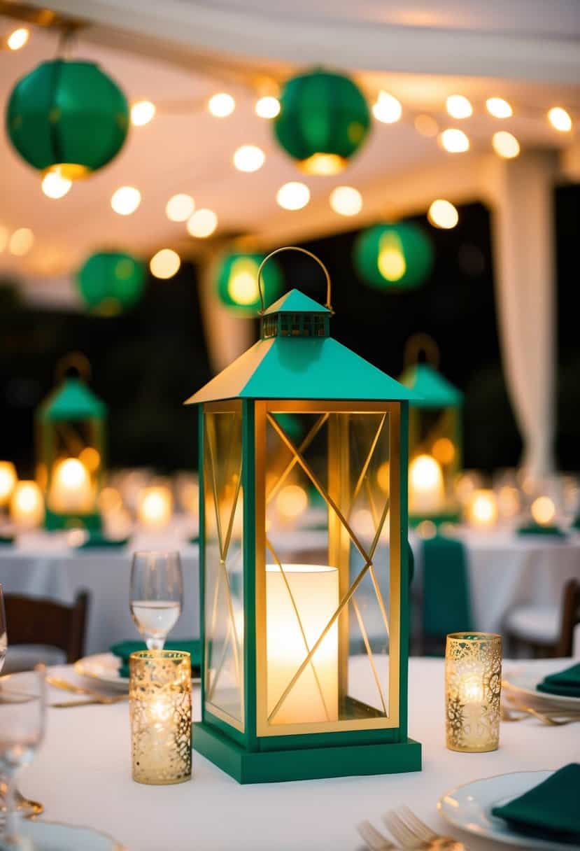 Emerald green and gold geometric lanterns casting warm light in a wedding setting