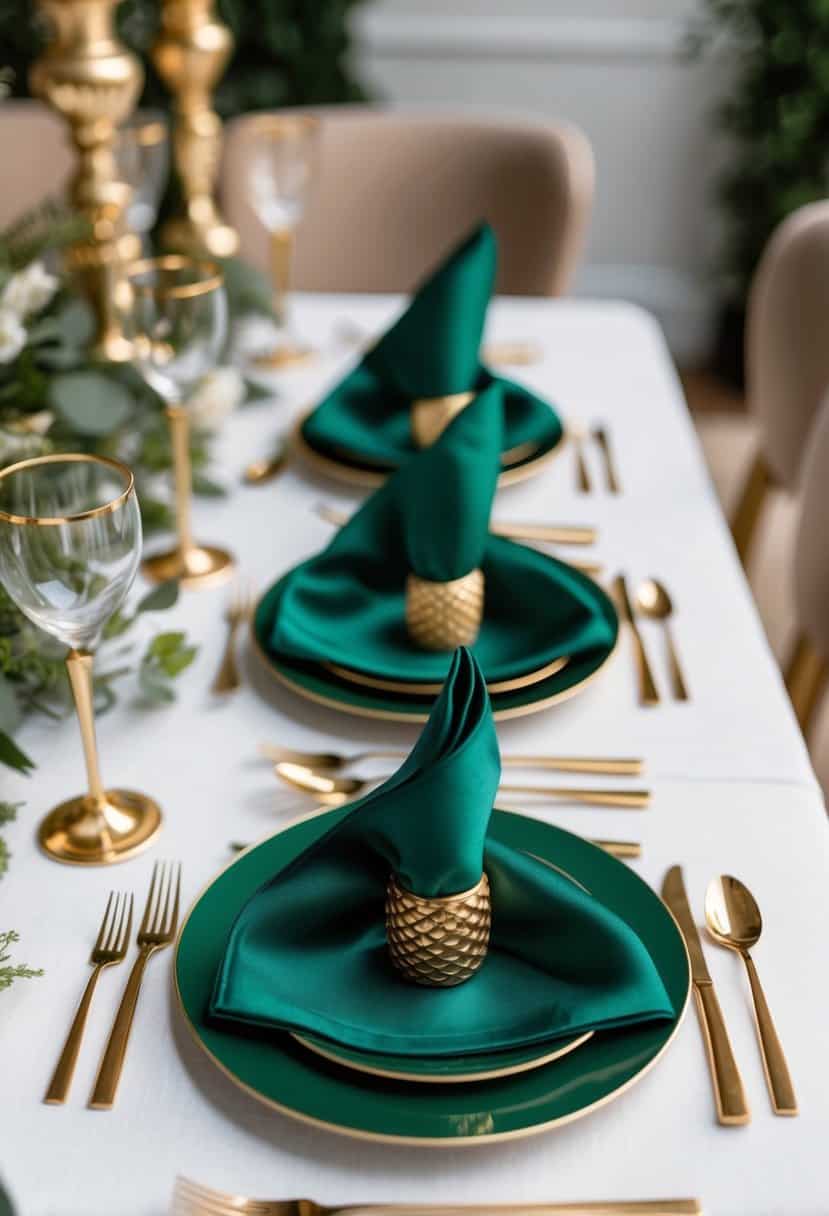 Emerald green napkin holders arranged on a table with gold accents and greenery