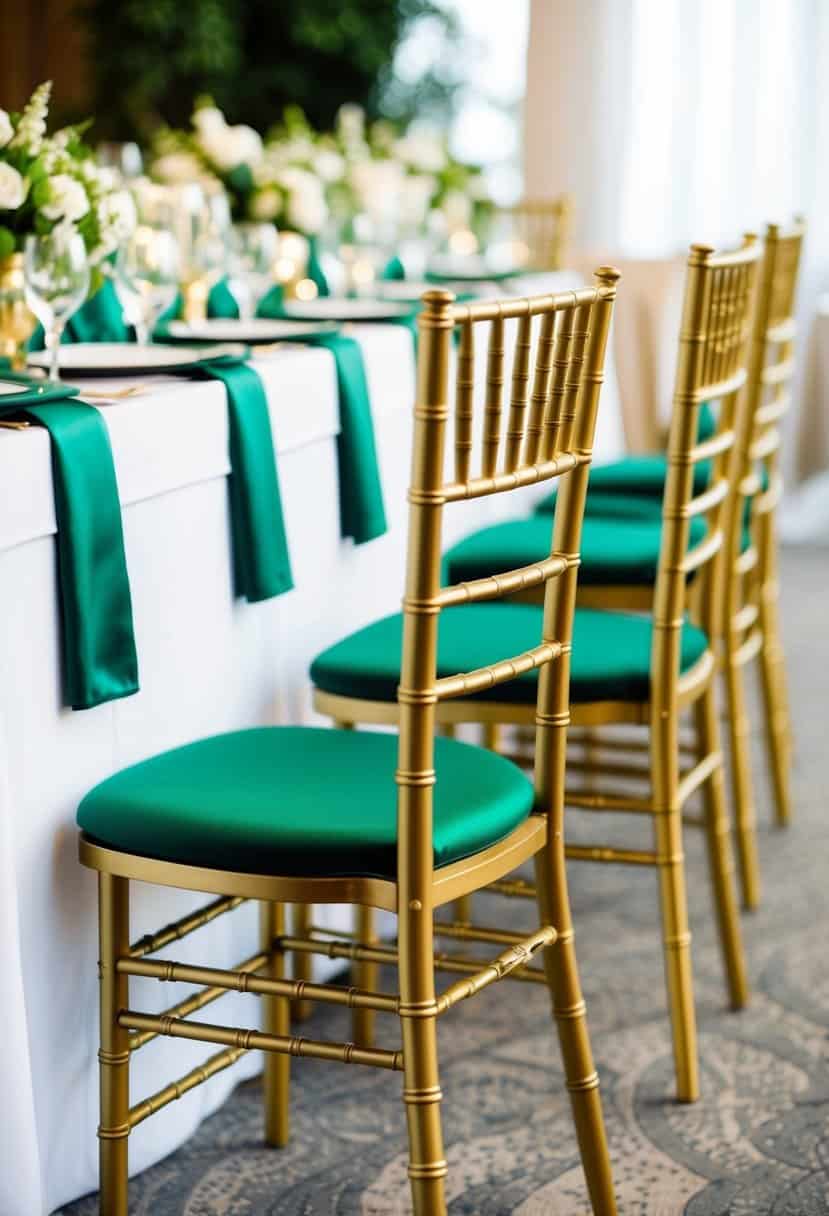 Emerald green and gold Chiavari chairs arranged in a wedding setting, with elegant and luxurious decor