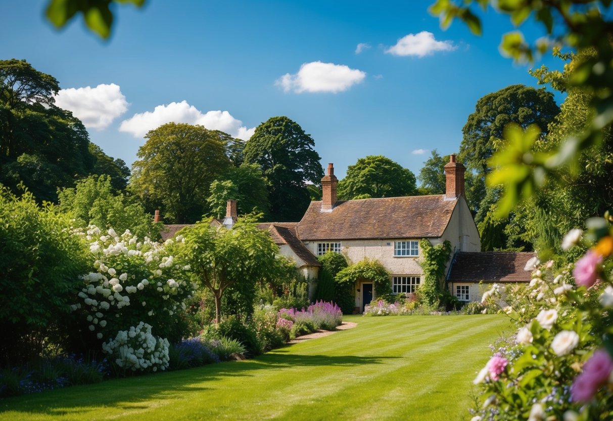 A sunny summer day in the English countryside, with lush greenery, blooming flowers, and clear blue skies, creating a picturesque backdrop for a wedding