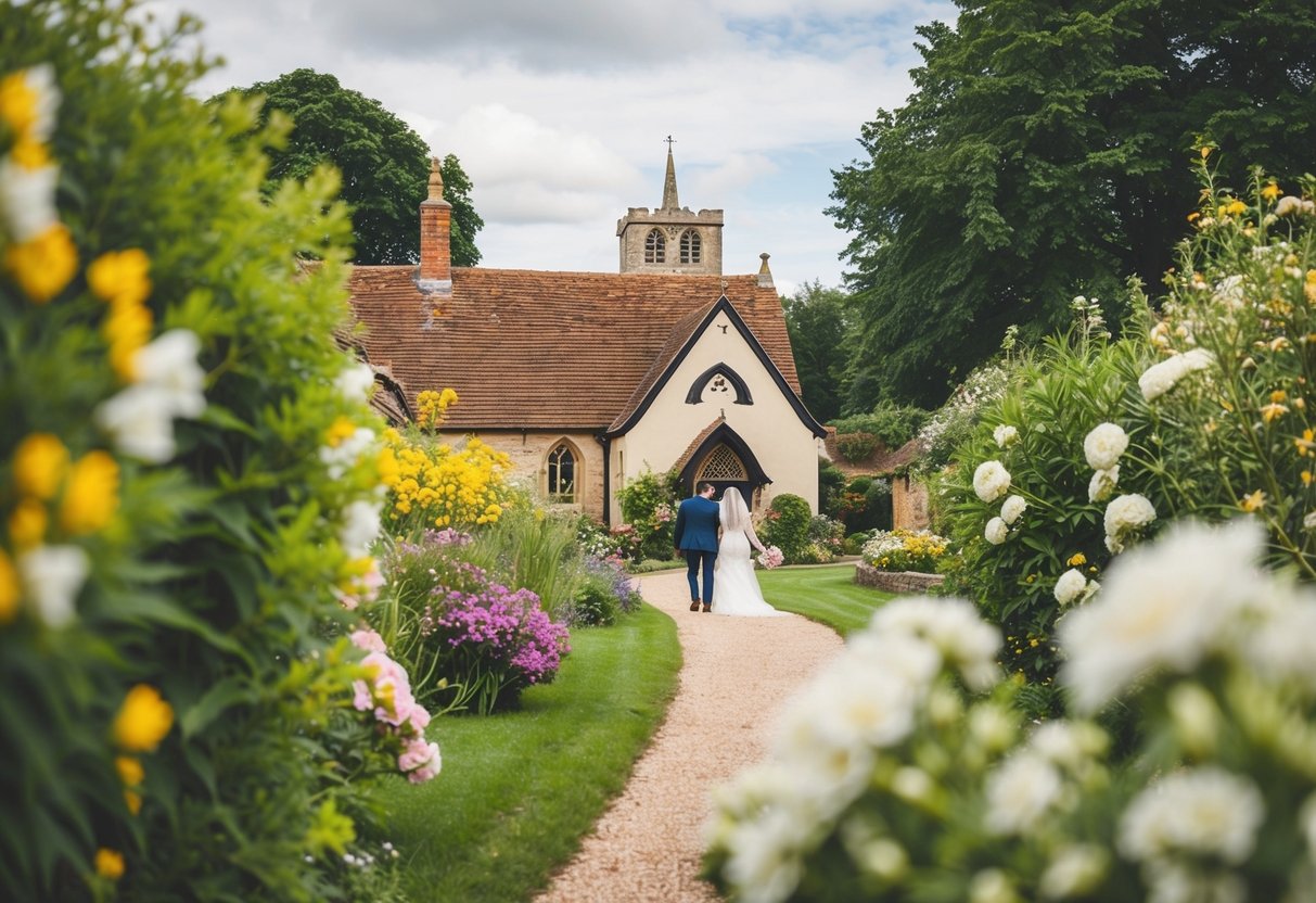 A picturesque countryside wedding in the UK, with blooming flowers and lush greenery, set against a backdrop of a quaint village church