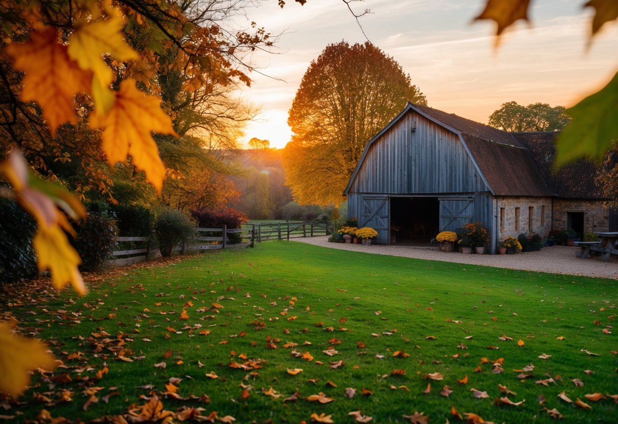 A cozy autumn scene with colorful leaves, a rustic barn, and a warm sunset, perfect for a romantic wedding date in the UK
