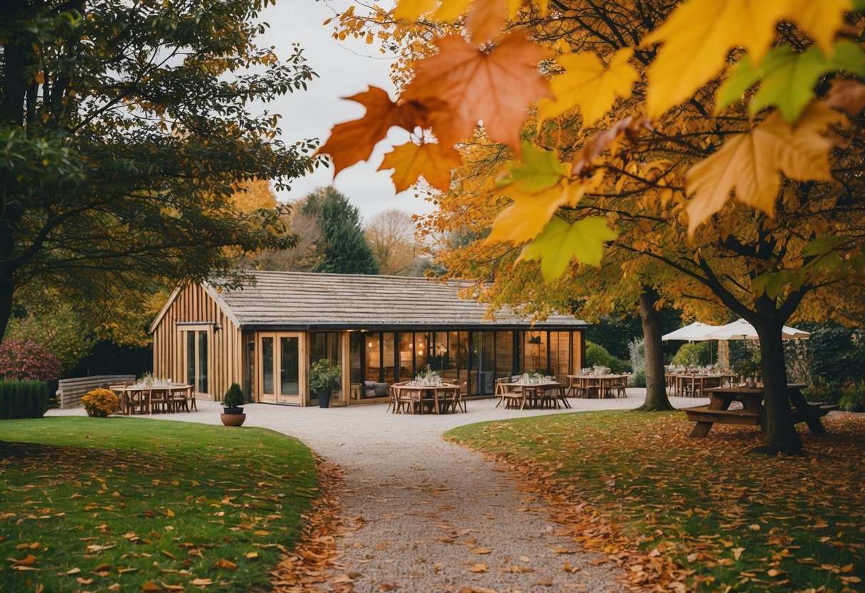 A cozy autumn setting with colorful leaves and a rustic outdoor wedding venue in the UK