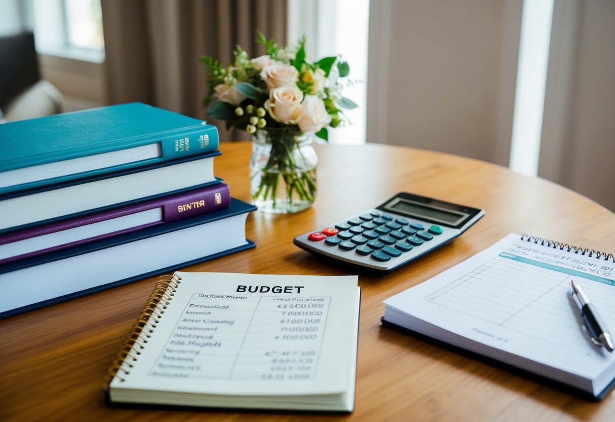 A table with wedding planning books, a calculator, and a notepad with budget calculations