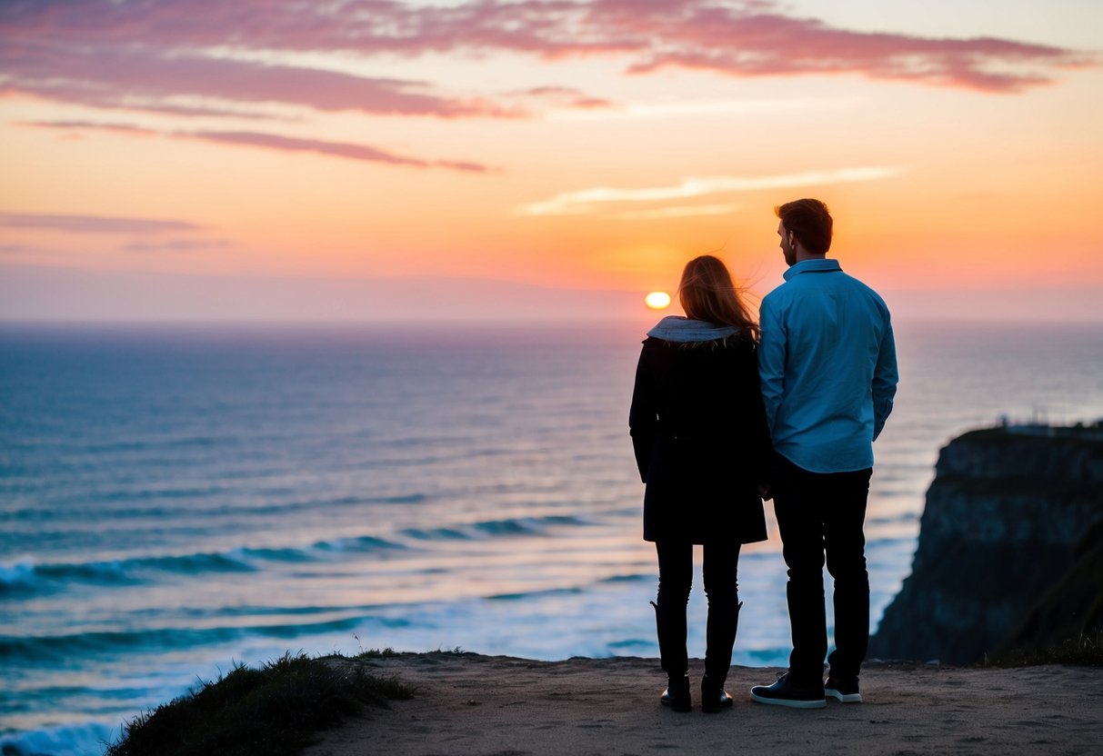 A couple standing on a cliff, gazing at a sunset over the ocean