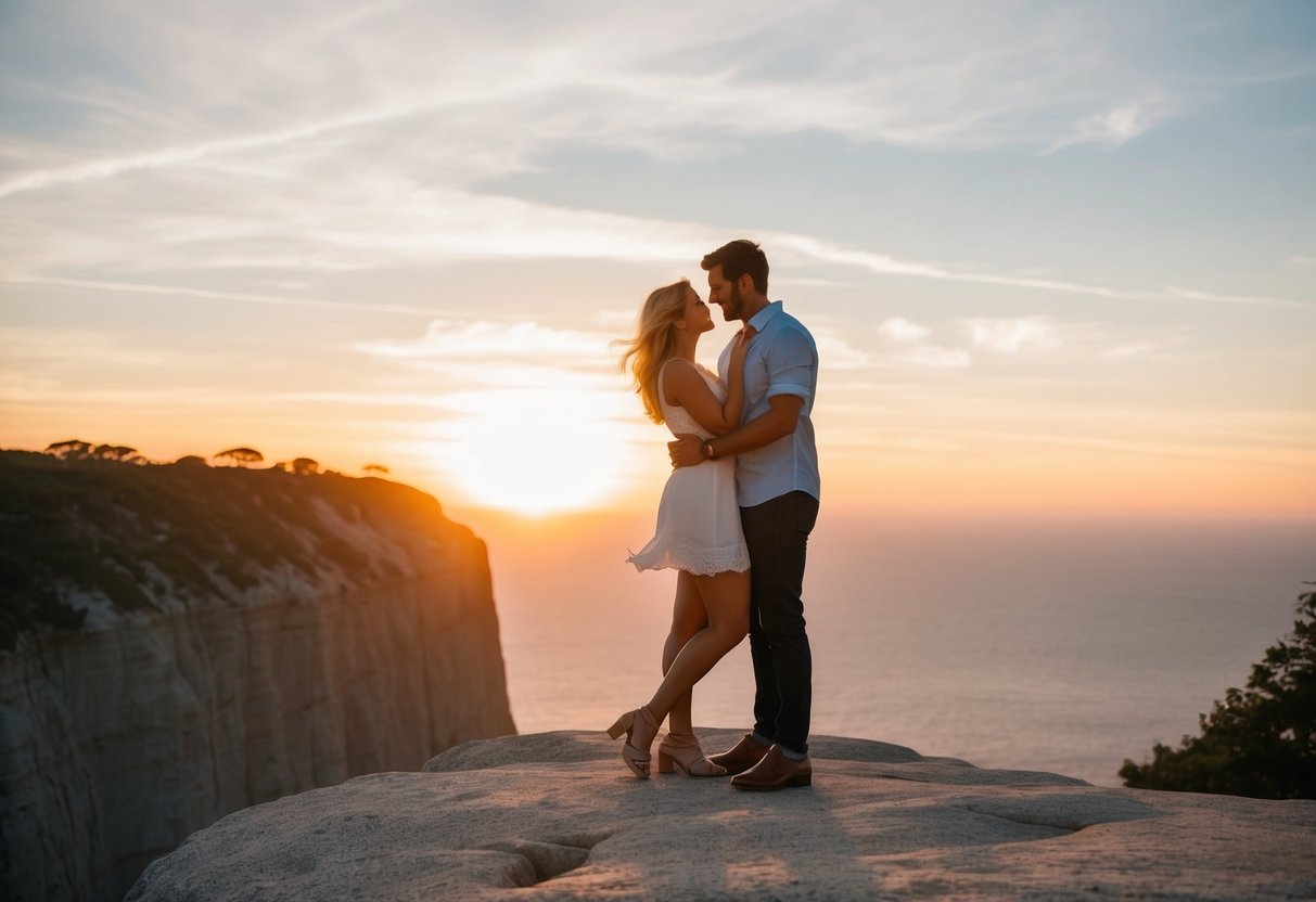A couple standing on a cliff, embracing as they overlook a breathtaking sunset