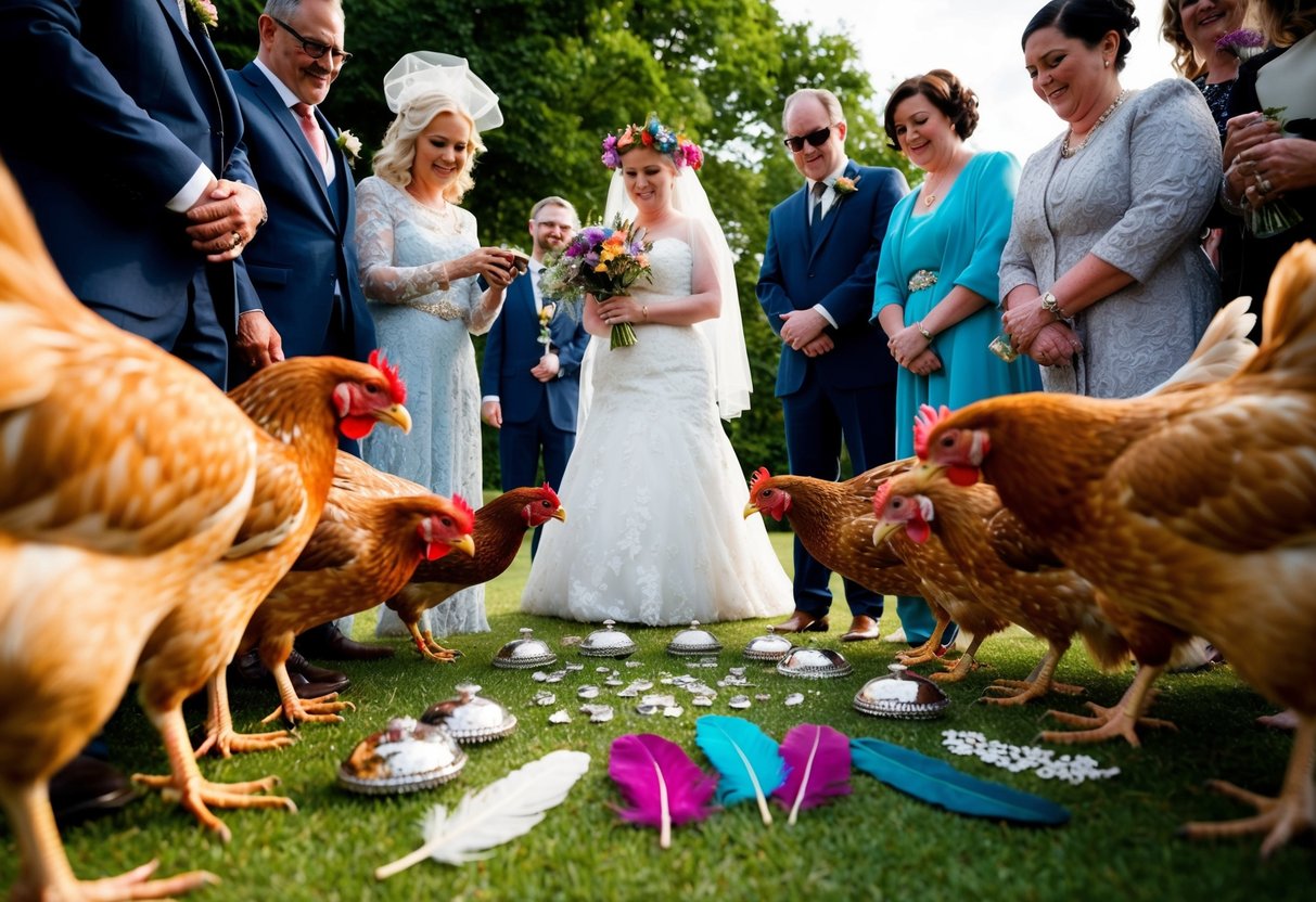Hens gather around a makeshift altar, offering shiny trinkets and colorful feathers as a bride stands in the center, adorned in a veil and flower crown