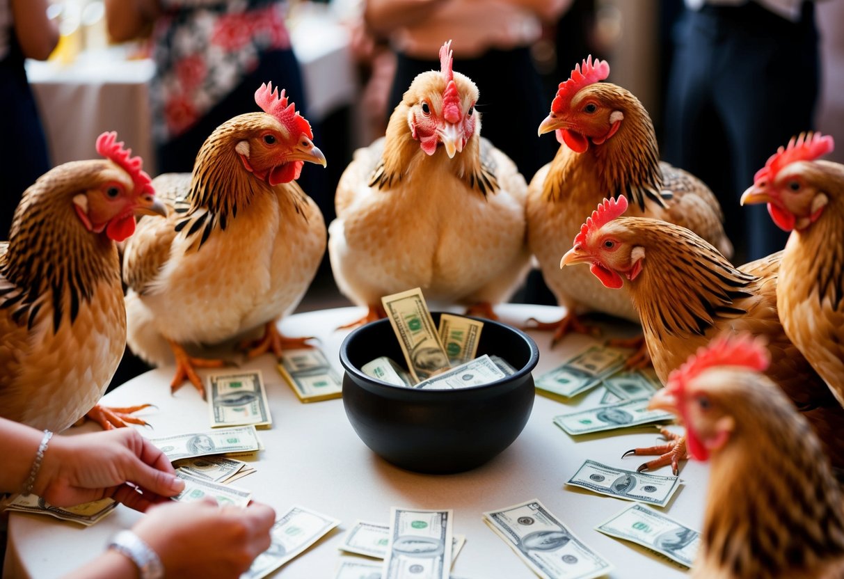 A group of hens gather around a table, each placing money into a communal pot as they plan and discuss the upcoming wedding festivities