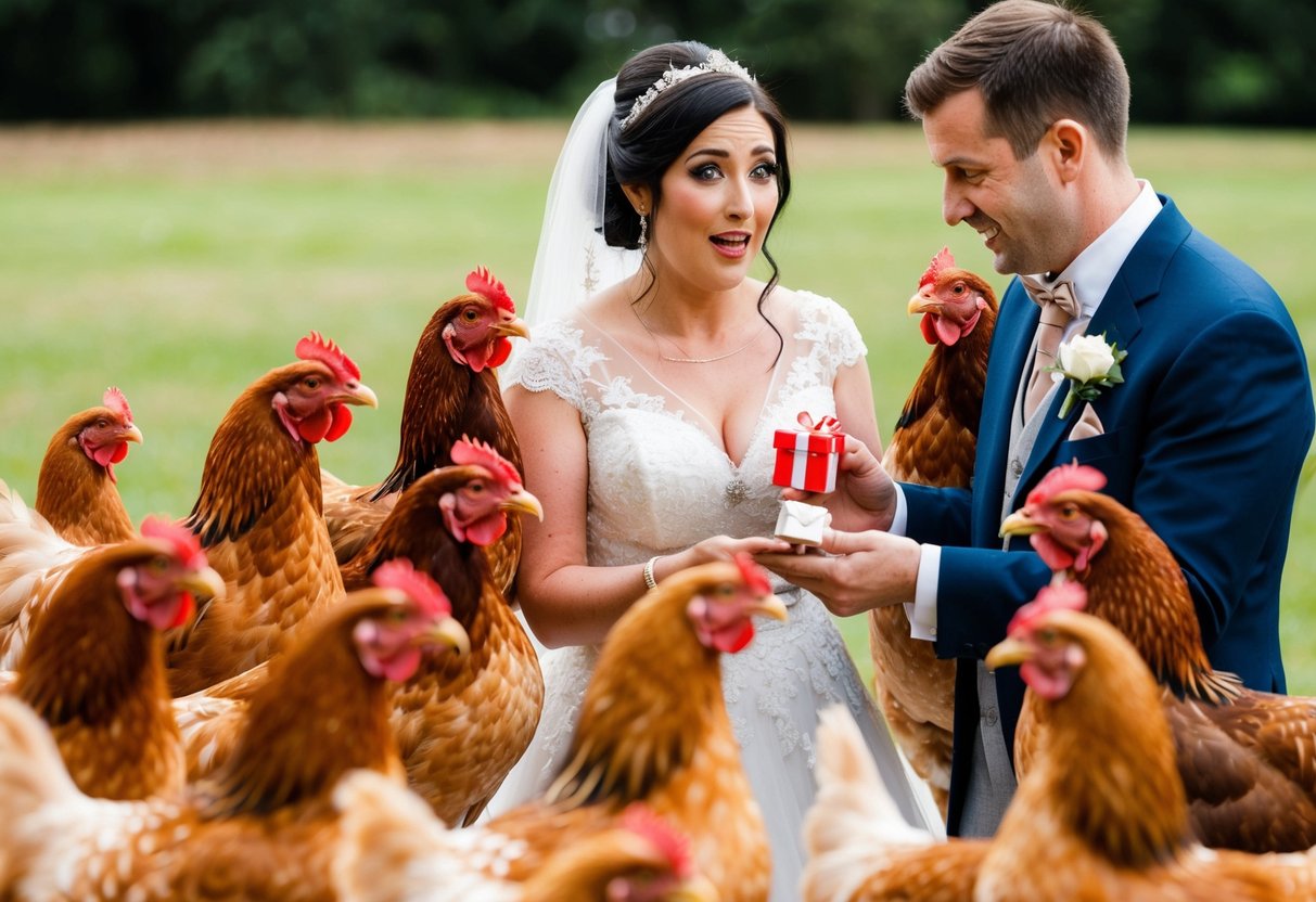 A group of hens gather around a bride, each holding a small gift in their beaks to present to her. The bride looks surprised and touched by their gesture