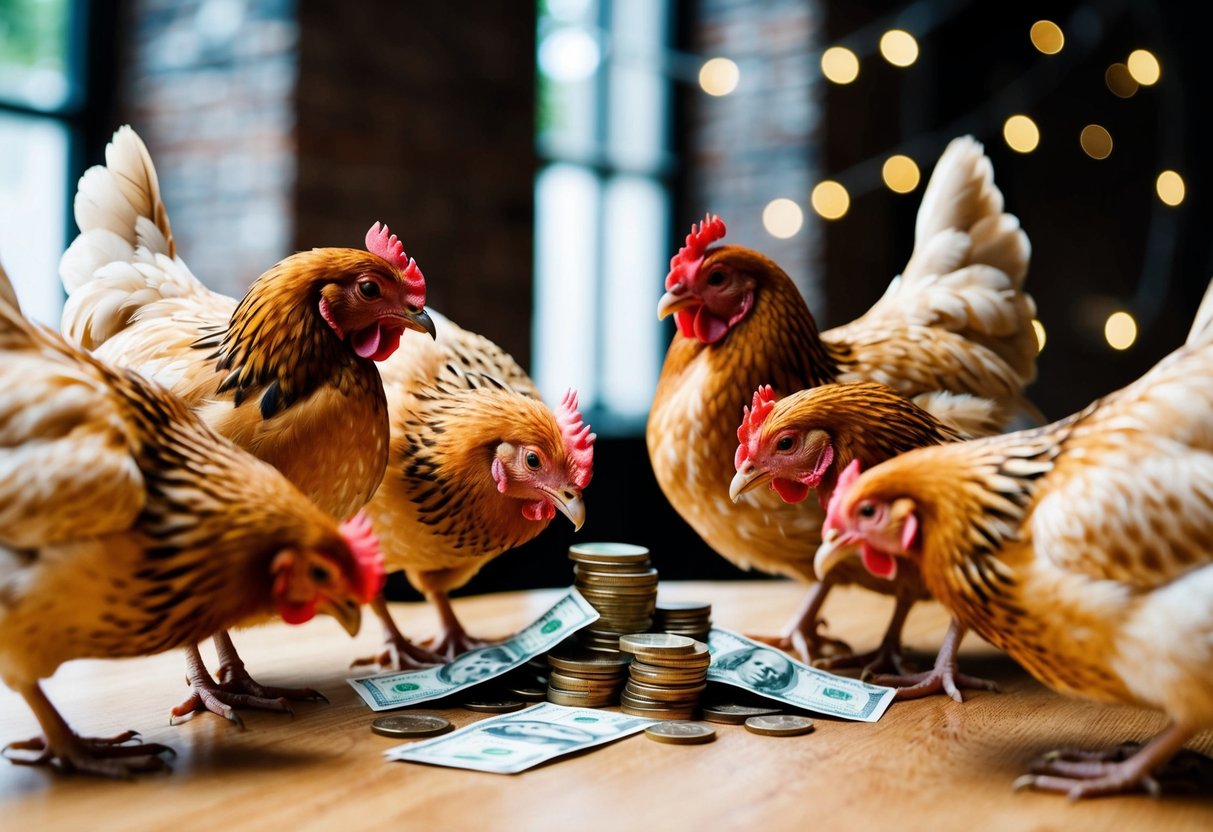 Hens gather around a table, placing coins and bills in a pile as they discuss the responsibilities of paying for the bride
