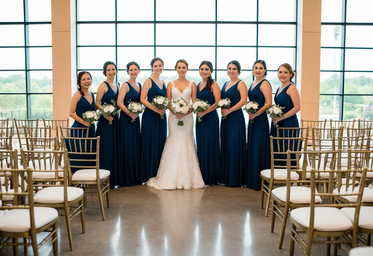 A group of 5 bridesmaids standing together in front of 100 empty chairs arranged for a wedding ceremony