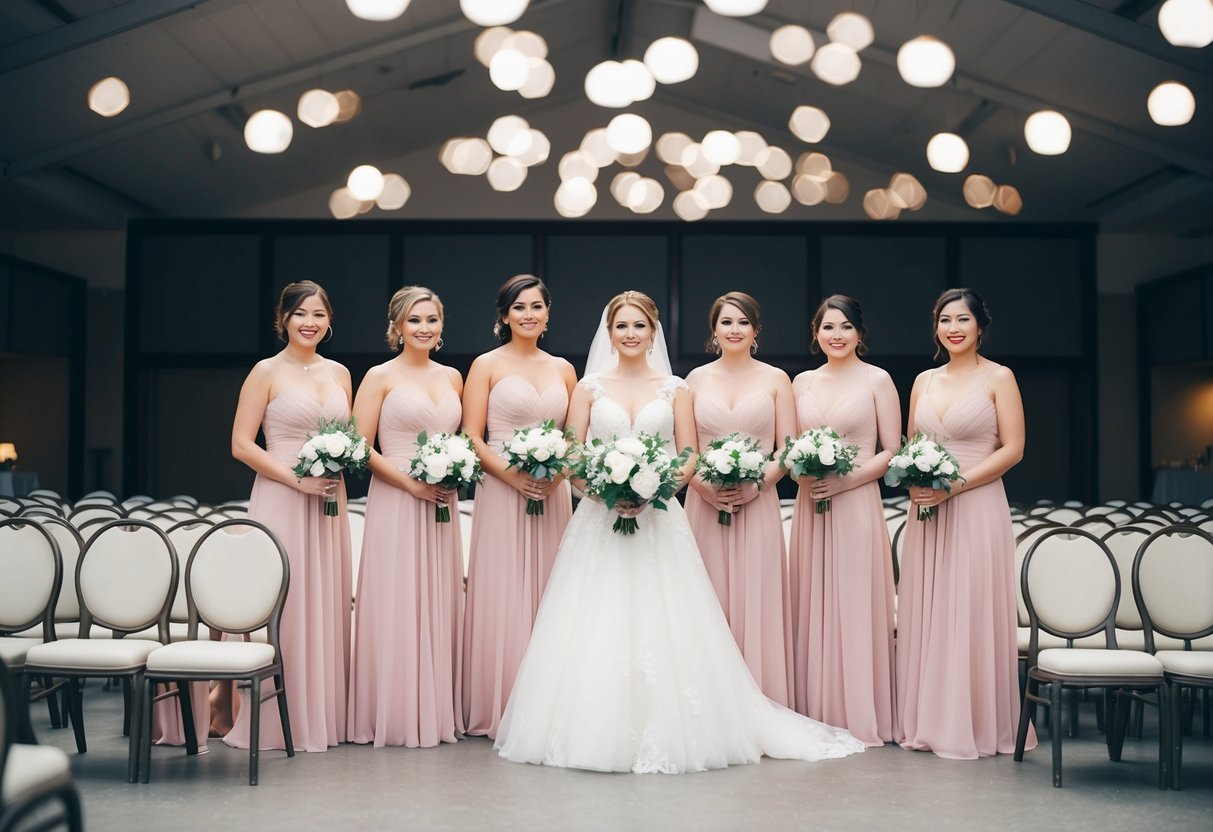 A bride stands with 5 bridesmaids in front of 100 empty chairs