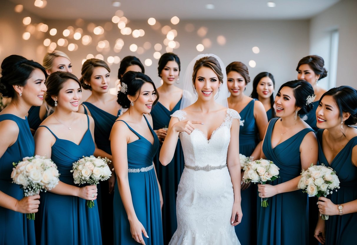 A bride standing in front of a group of potential bridesmaids, pointing to each one as she counts in her head. The bridesmaids are gathered in a semi-circle, eagerly awaiting the bride's decision