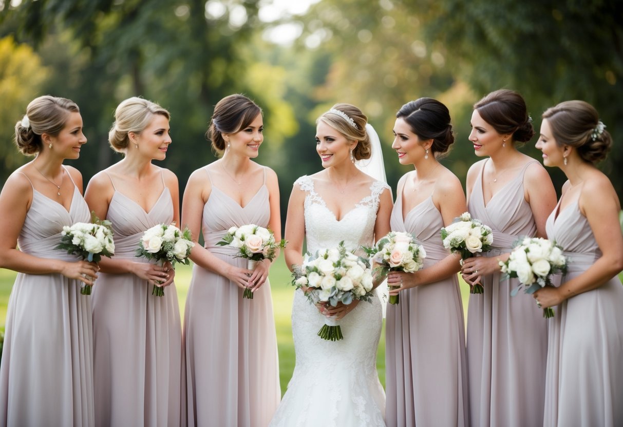 A group of bridesmaids standing in a line, with the bride in the center, discussing and planning for the wedding ceremony