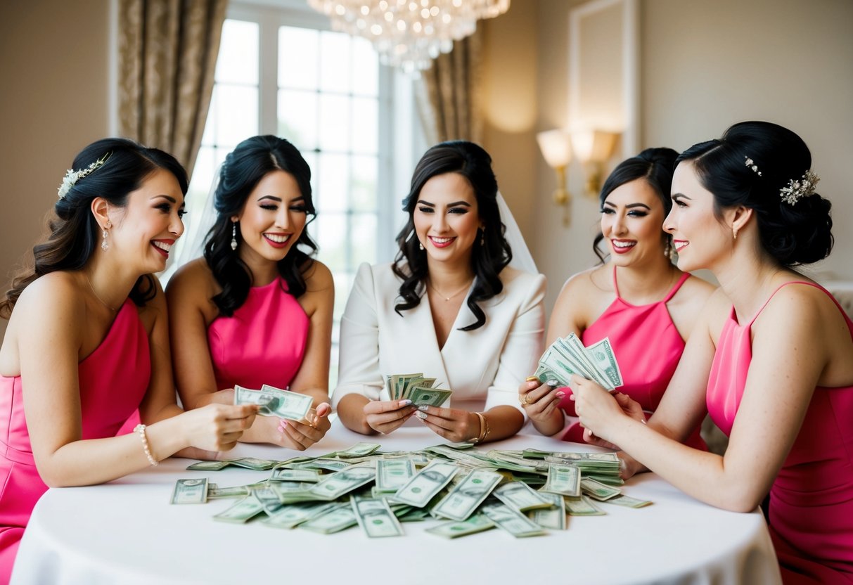 Bridesmaids pooling money for expenses, discussing costs and planning for a wedding