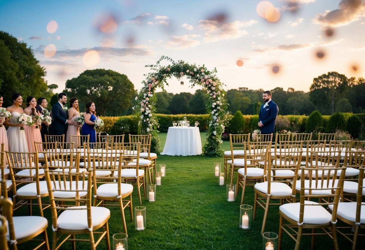 A festive wedding venue with 100 chairs arranged for guests, a decorated arch, and a flower-filled aisle