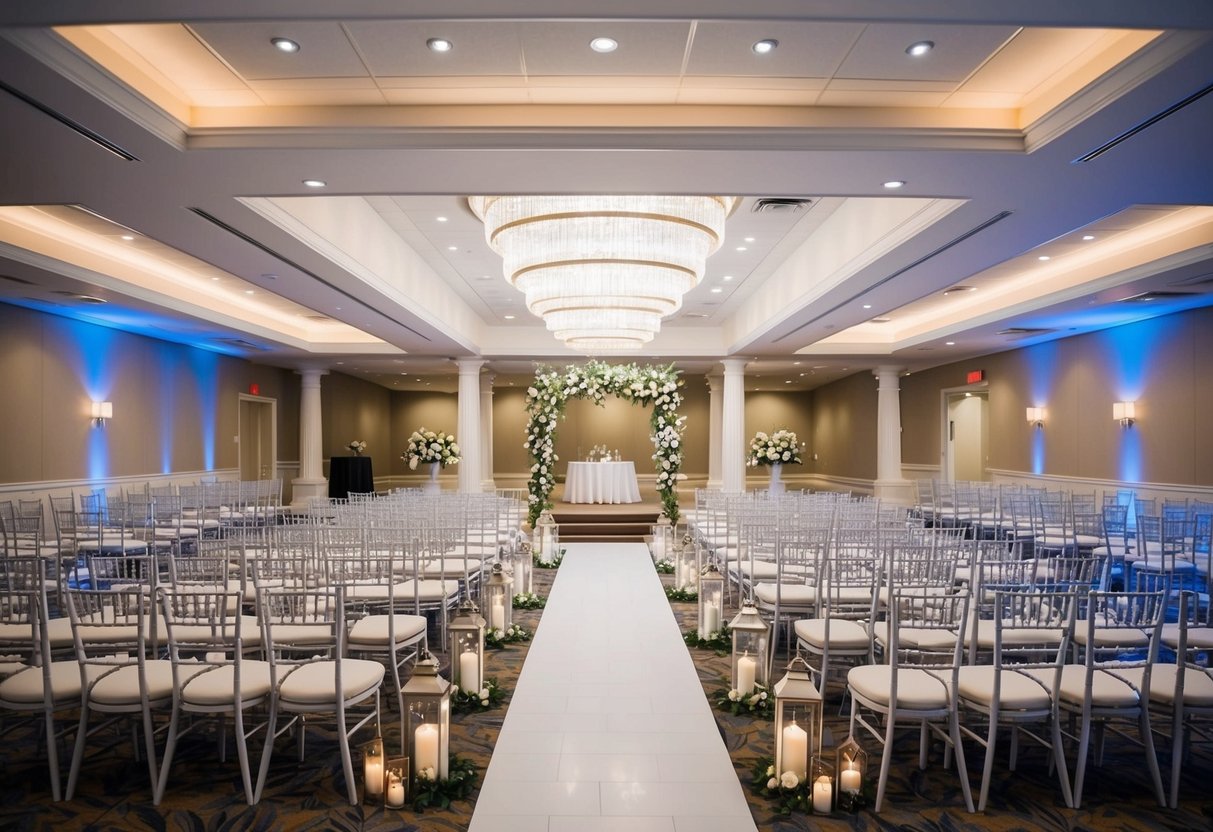A wedding venue with seating for 100 guests, arranged in an elegant and spacious setting with decorative elements and a designated area for the ceremony