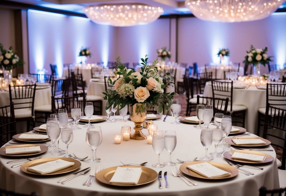 A wedding reception with 100 place settings arranged on round tables, adorned with floral centerpieces and elegant tableware