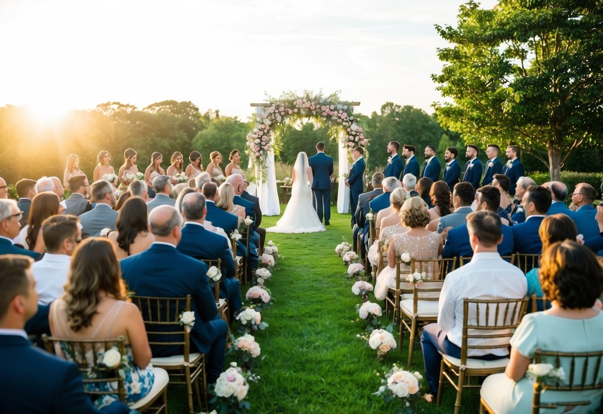 A beautiful outdoor wedding ceremony with 100 guests seated in rows facing a floral archway. The sun is setting, casting a warm glow over the scene