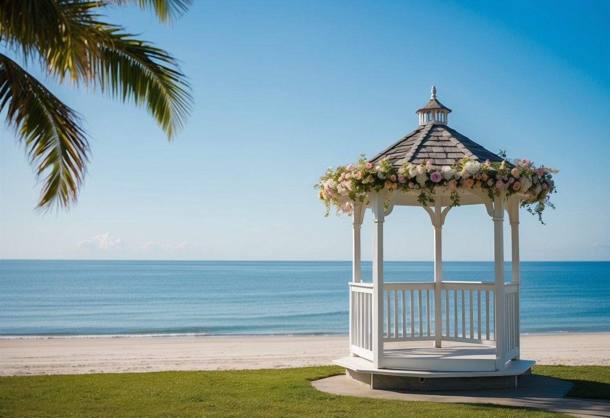 A sunny beach with a gazebo adorned with flowers, overlooking a calm ocean with a clear blue sky and a gentle breeze