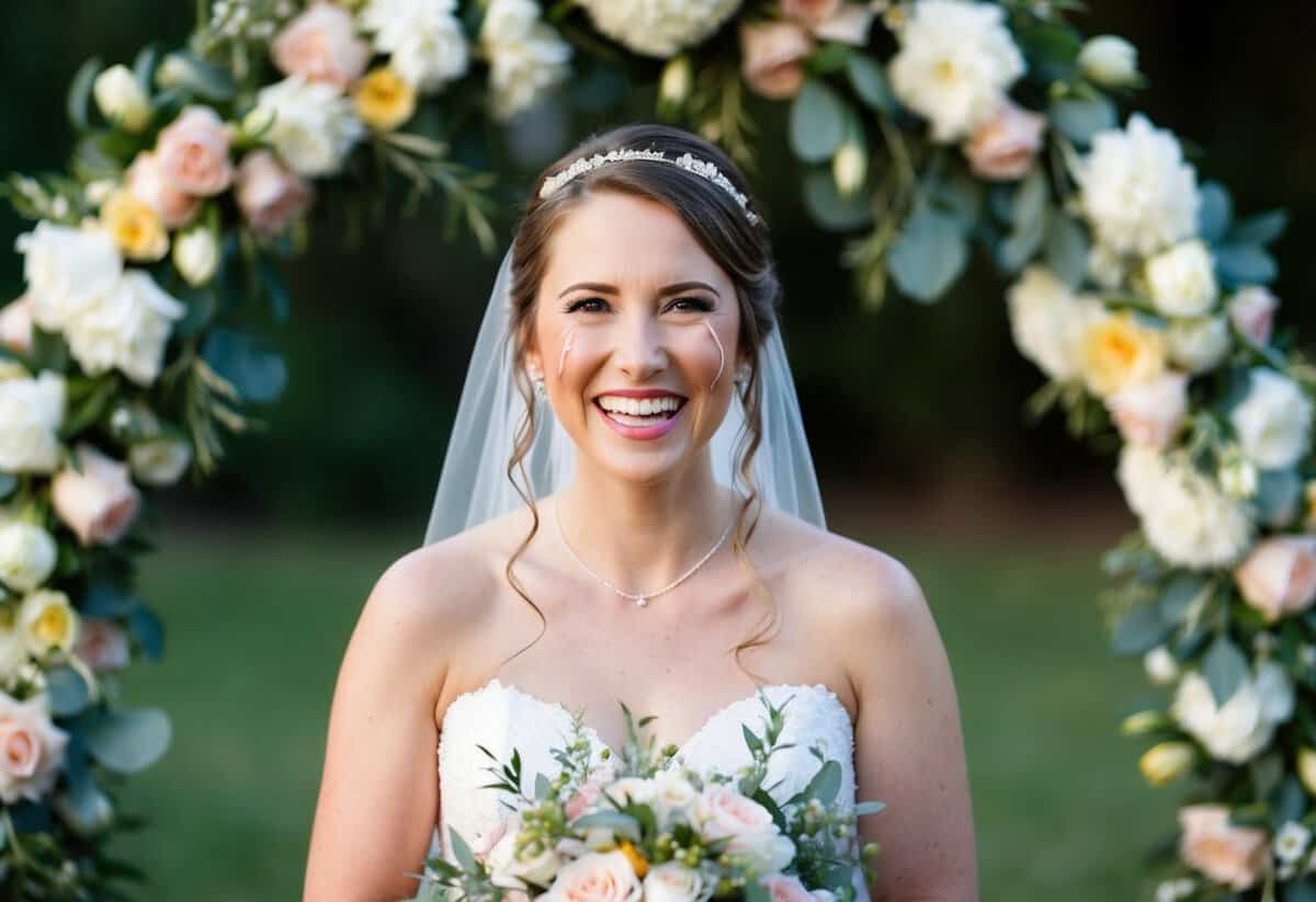 A bride stands under a flower arch, tears of joy streaming down her face as she holds a bouquet