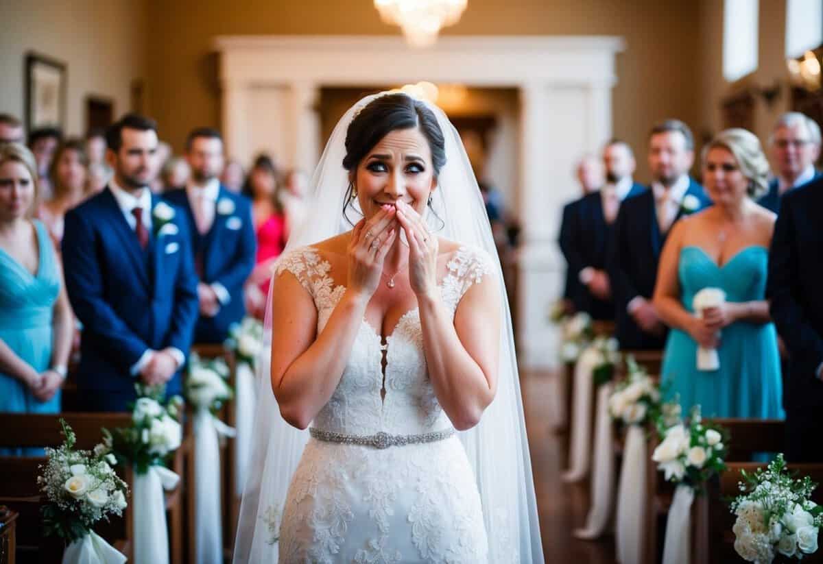 A bride standing nervously, taking deep breaths and wiping away tears of joy before walking down the aisle