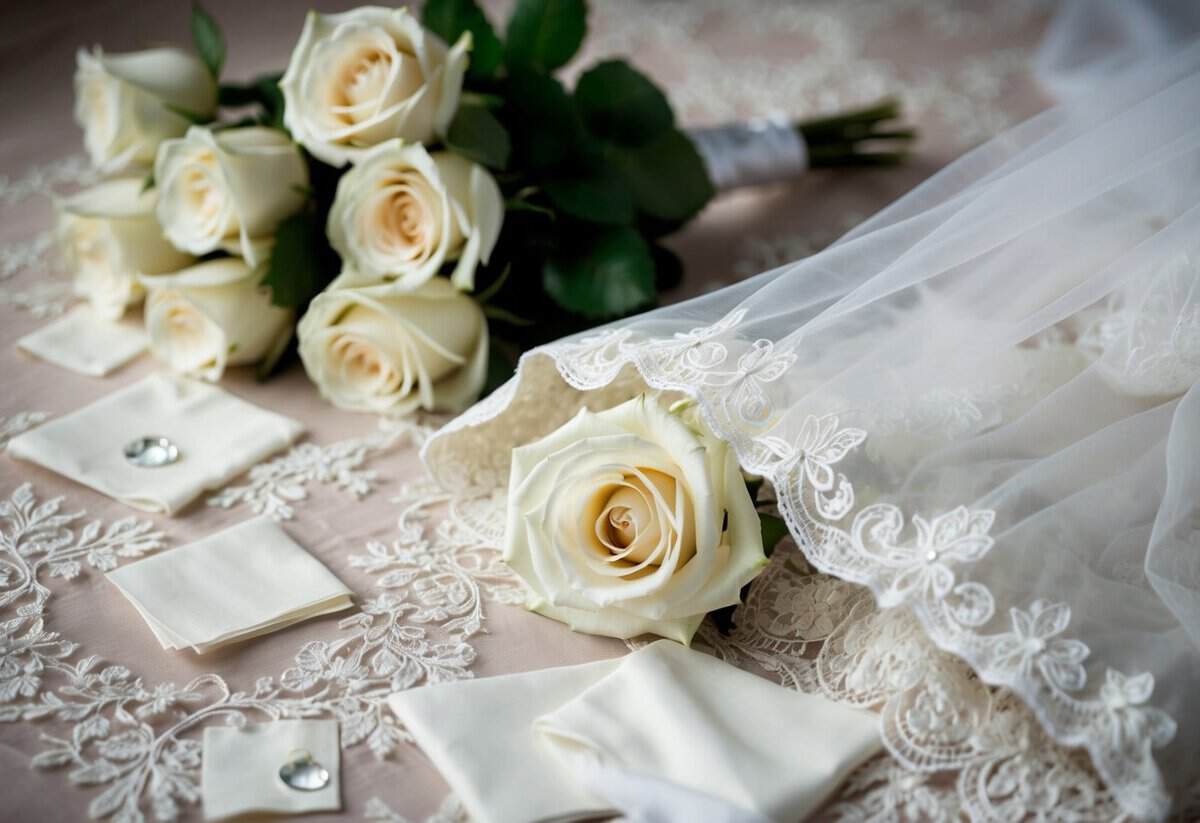 A bride's veil lies on a delicate lace gown, surrounded by scattered tissues and a bouquet of white roses. A single tear glistens on a petal