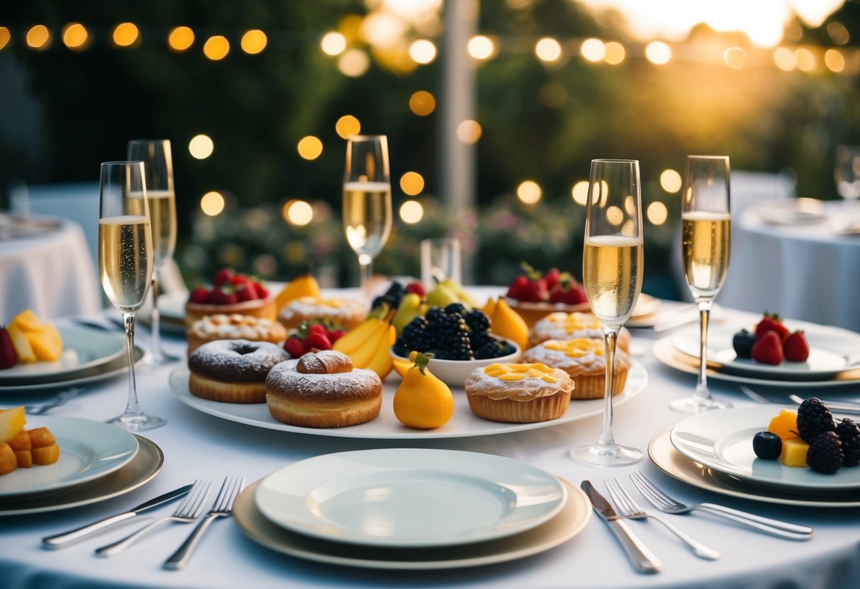 A table set with a variety of pastries, fruits, and champagne glasses, surrounded by elegant plates and silverware