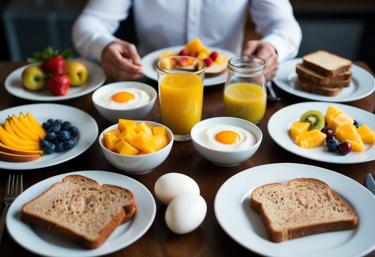 A table set with a variety of nutritious breakfast foods, including fruit, yogurt, eggs, whole grain toast, and fresh juice