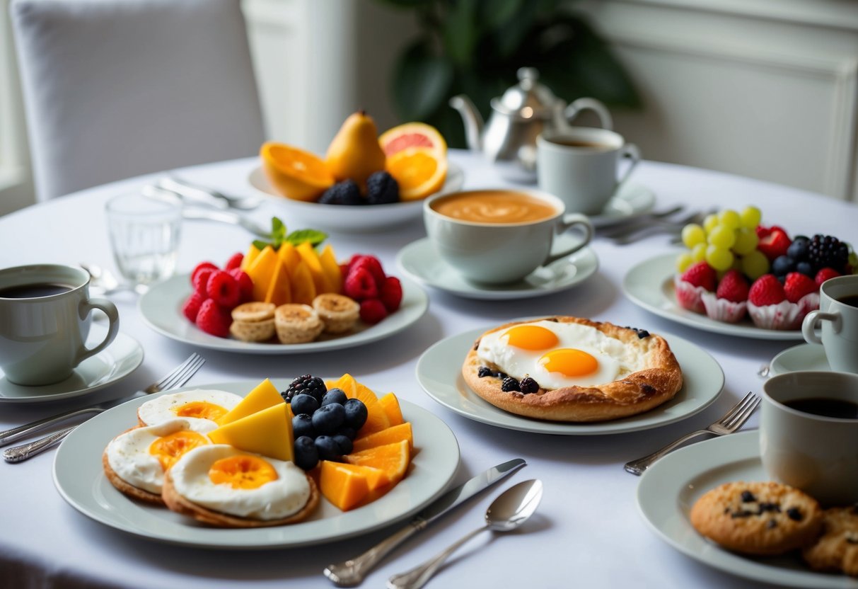 A table set with a variety of breakfast foods, including fresh fruit, pastries, eggs, and coffee, with elegant plates and silverware arranged neatly