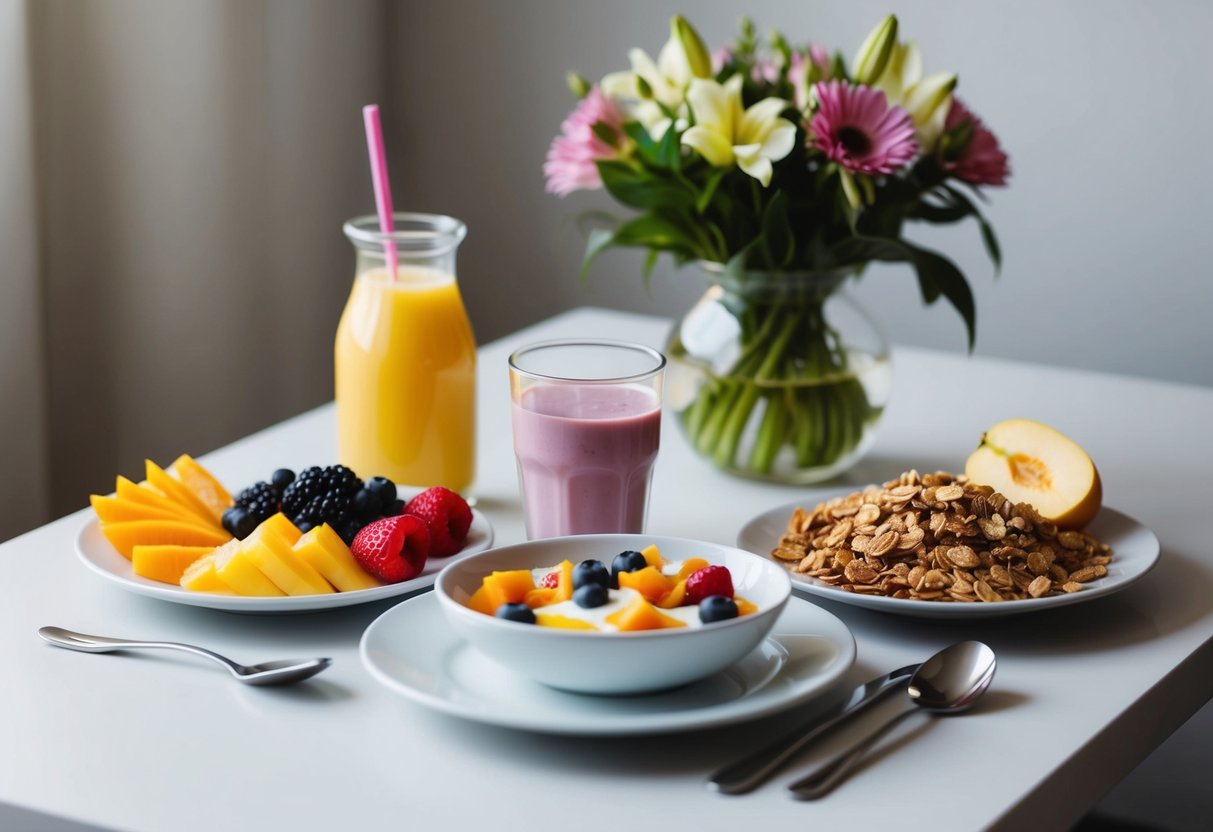 A table set with a variety of healthy breakfast options, including fruit, yogurt, granola, and freshly squeezed juice, with a bouquet of flowers in the background