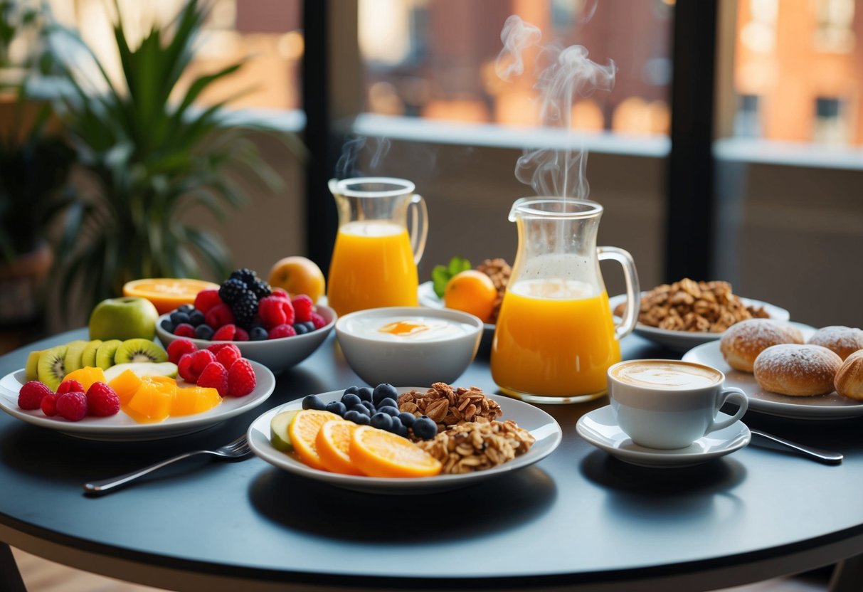 A table set with a variety of fresh fruits, yogurt, granola, and pastries, accompanied by a carafe of freshly squeezed orange juice and a pot of steaming coffee