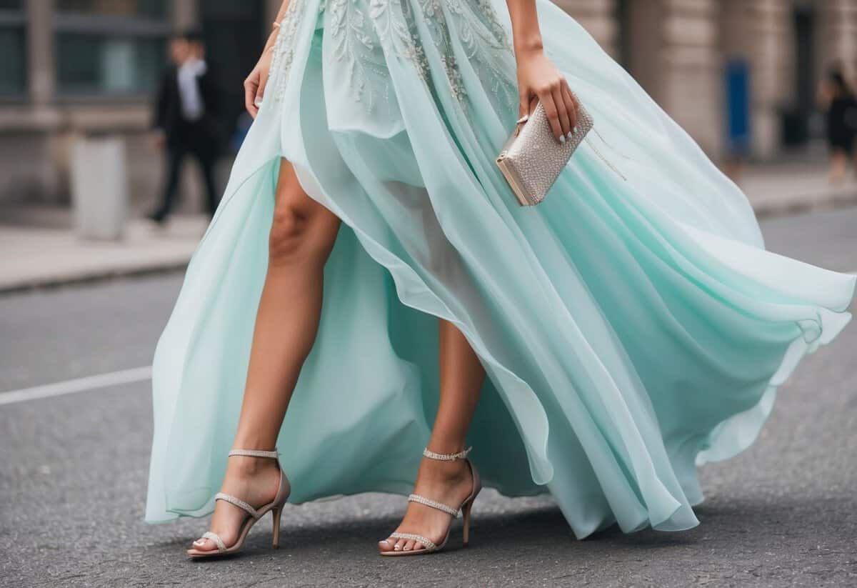 A flowing, floor-length gown in a soft pastel color, adorned with delicate lace and shimmering beads, paired with strappy heels and a sparkling clutch