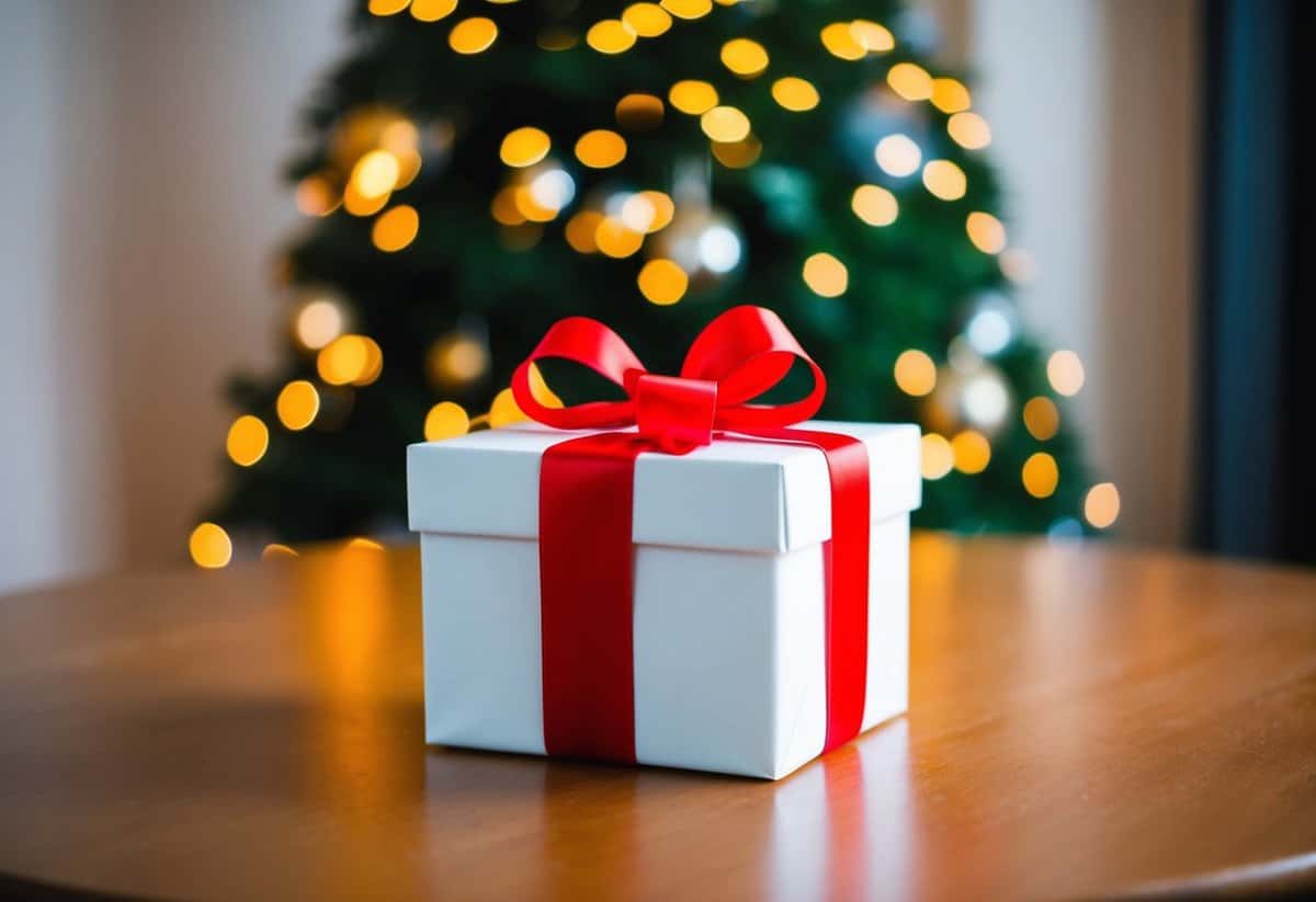 A wrapped gift box on a table with a ribbon and bow
